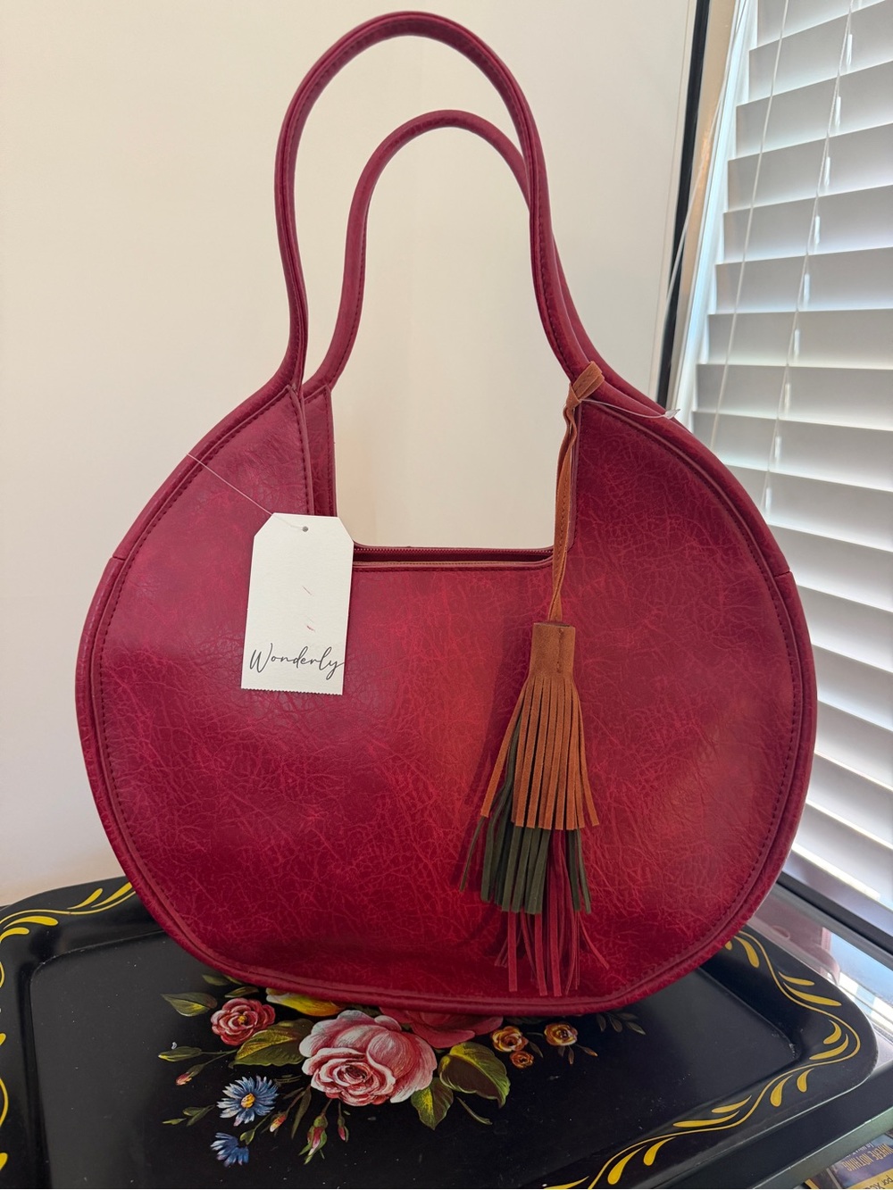 Wonderly Round Tote in Berry Red with Tassel Accent